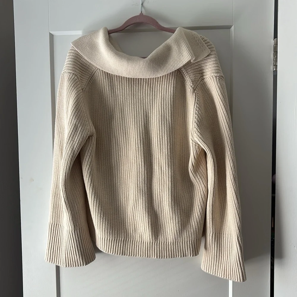 & Other Stories Cream V-Neck Ribbed Collared Cotton Sweater - Picture 4 of 6